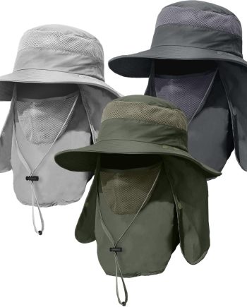 3 Pack Mens Outdoor Wide Brim Fishing Hat,UPF 50+ Sun Protection Cap with Face Neck Flap for Hiking & Garden