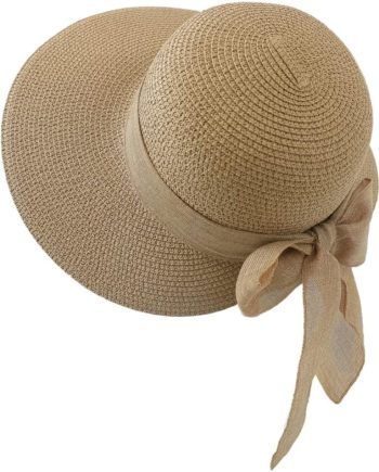 Womens Straw Sun Hat Wide Brim UV Protection Bucket Hat Foldable Packable Bowknot Visor Sun Cap Summer Outdoor Beach Cap