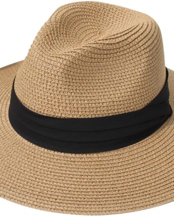 Women Wide Brim Straw Panama Roll up Hat Fedora Beach Sun Hat UPF50+