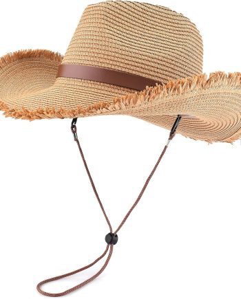 Adjustable Straw Cowboy Hat for Men Women, Western Cowgirl Hat Shapeable Wide Brim Sun Hat with Detachable Chin Strap