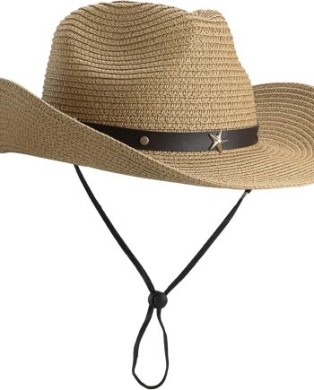 Women Straw Sun Hat Wide Brim Western Cowboy Cowgirls Style UV-Protection Beach Hat with Wind Lanyard