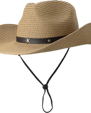 Straw Cowboy Hat for Women Men Western Sun Hat Wide Brim Summer Belt Cowgirl Hats(M-L)