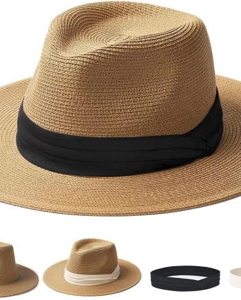 Panama Hat Sun Hats for Women Men Wide Brim Fedora Straw Beach Hat UV UPF 80+