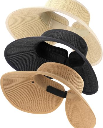 Straw Sun Visor Hats for Women UPF 80+ Wide Brim Pontytail Summer Beach Hats