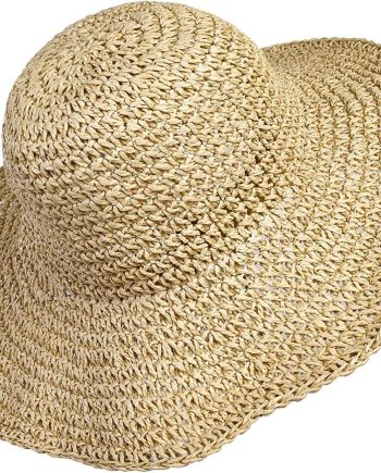 Women Straw Hat Wide Brim Beach Sun Cap Foldable Large Lady Floppy 100% Natural Paper Braided for Travel Summer Vacation