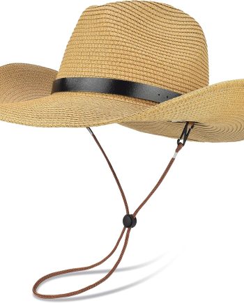 Adjustable Straw Cowboy Hat for Men Women, Western Cowgirl Hat Shapeable Wide Brim Sun Hat with Detachable Chin Strap